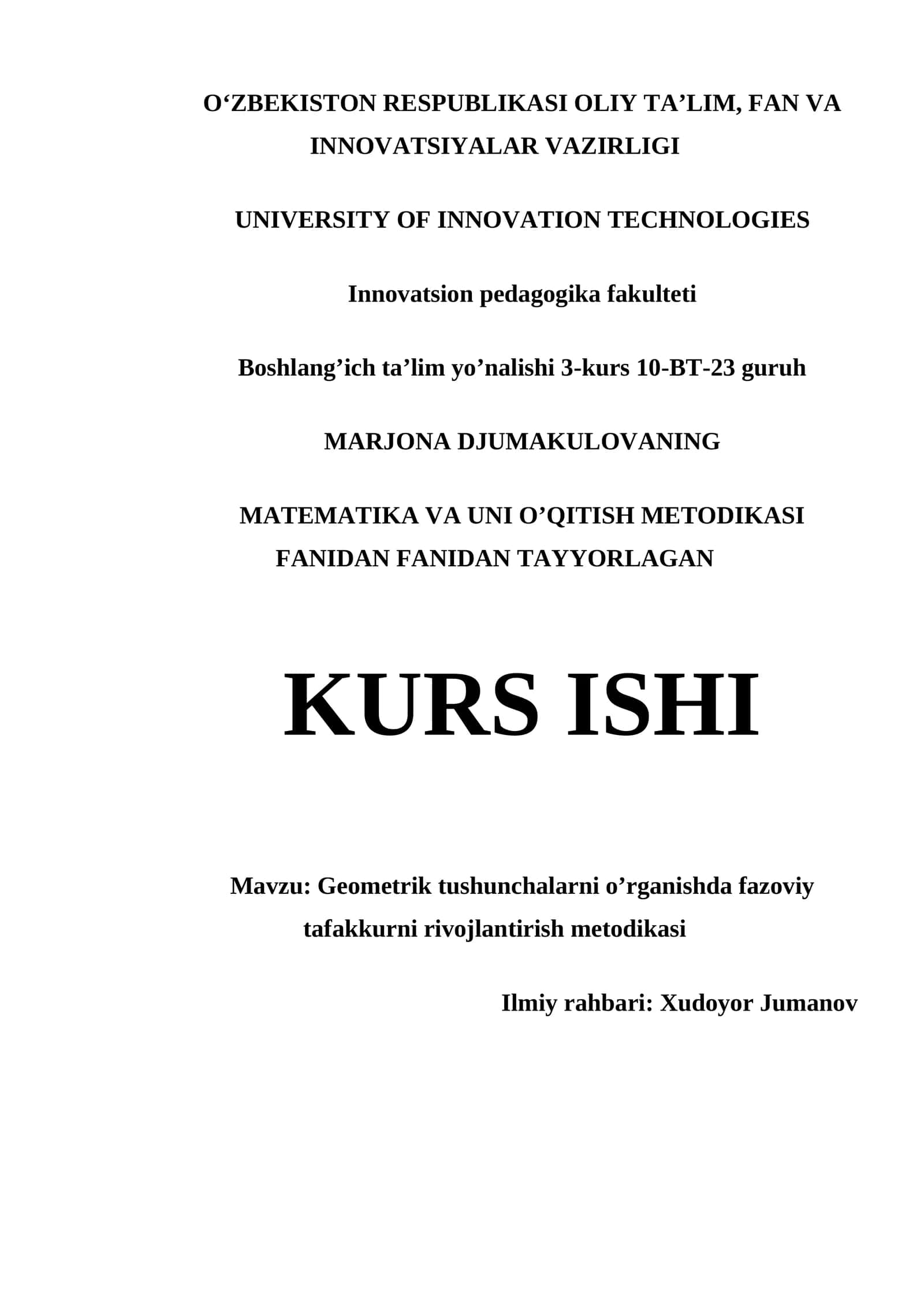 GEOMETRIK TUSHUNCHALARNI O’RGANISHDA FAZOVIY TAFAKKURNI RIVOJLANTIRISH METODIKASI