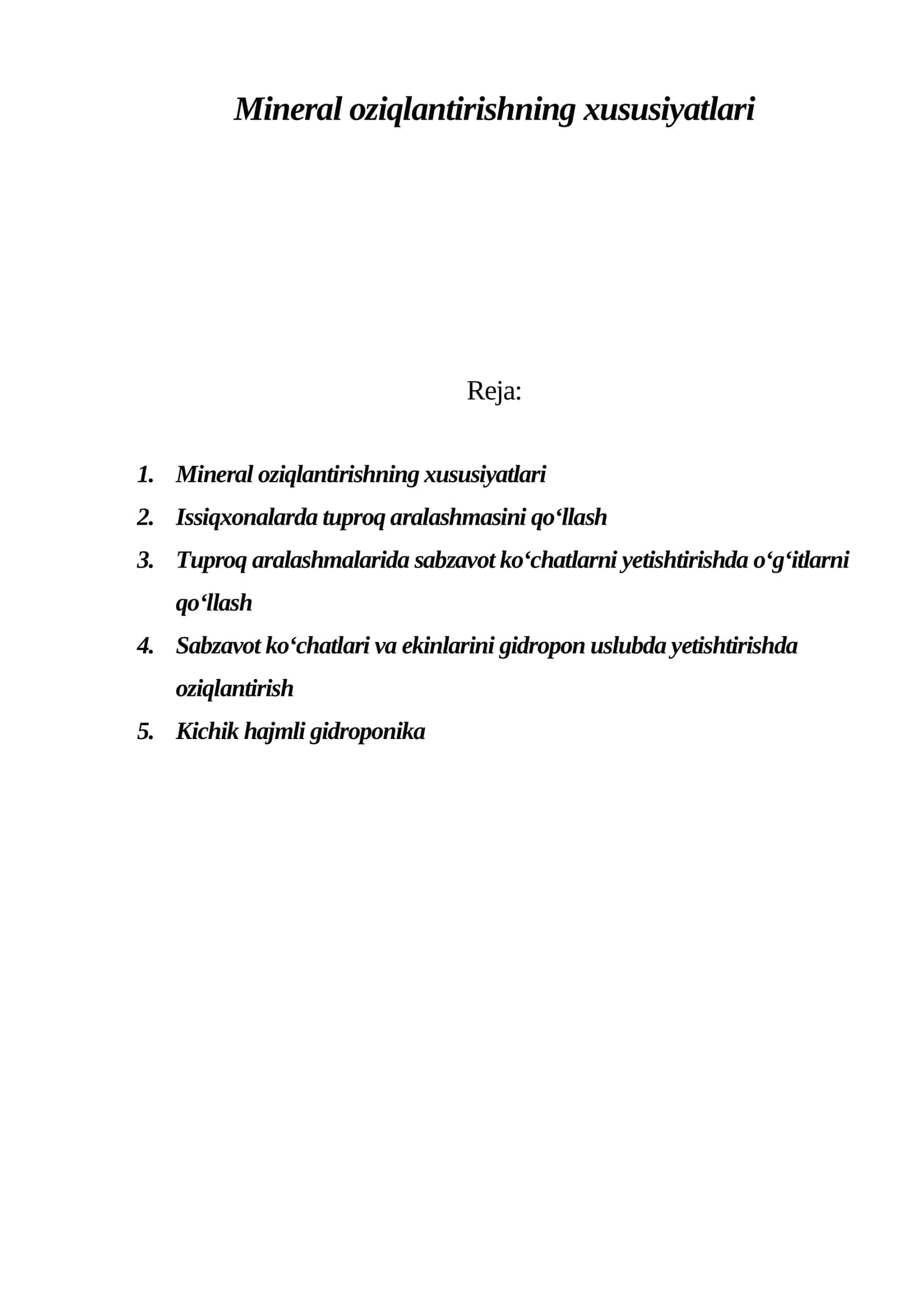 Mineral oziqlantirishning xususiyatlari