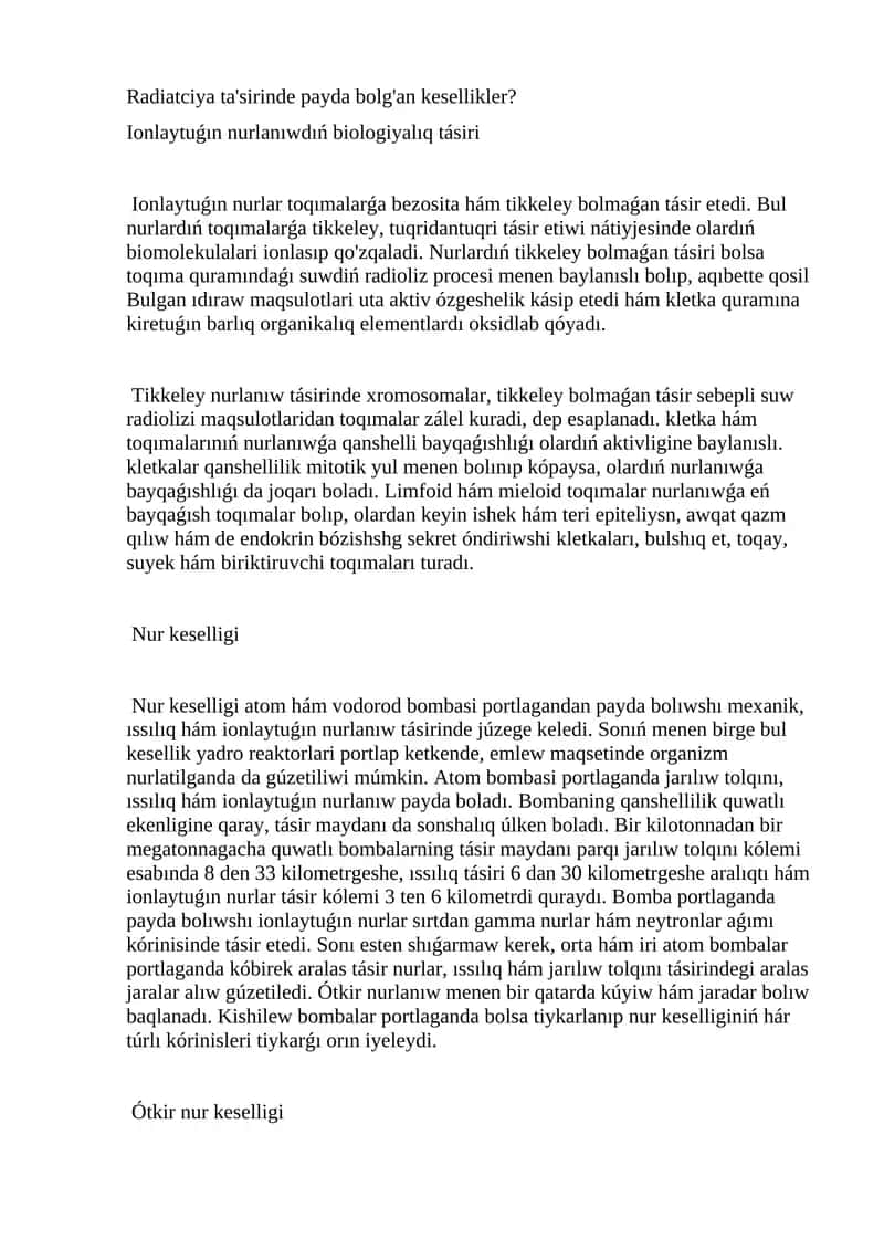 Radiatciya ta'sirinde payda bolg'an kesellikler