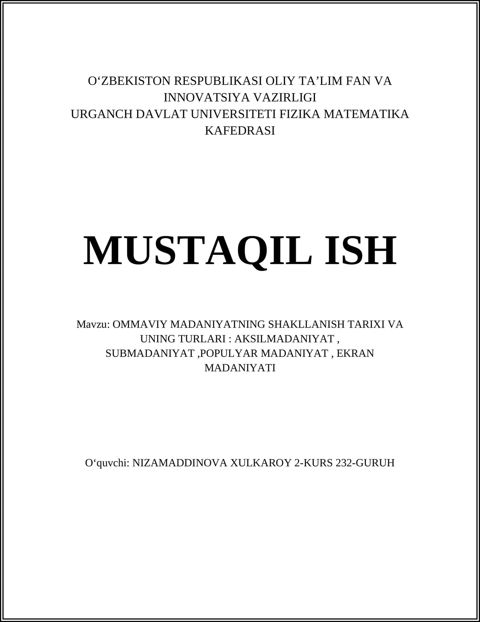 OMMAVIY MADANIYATNING SHAKLLANISH TARIXI VA UNING TURLARI