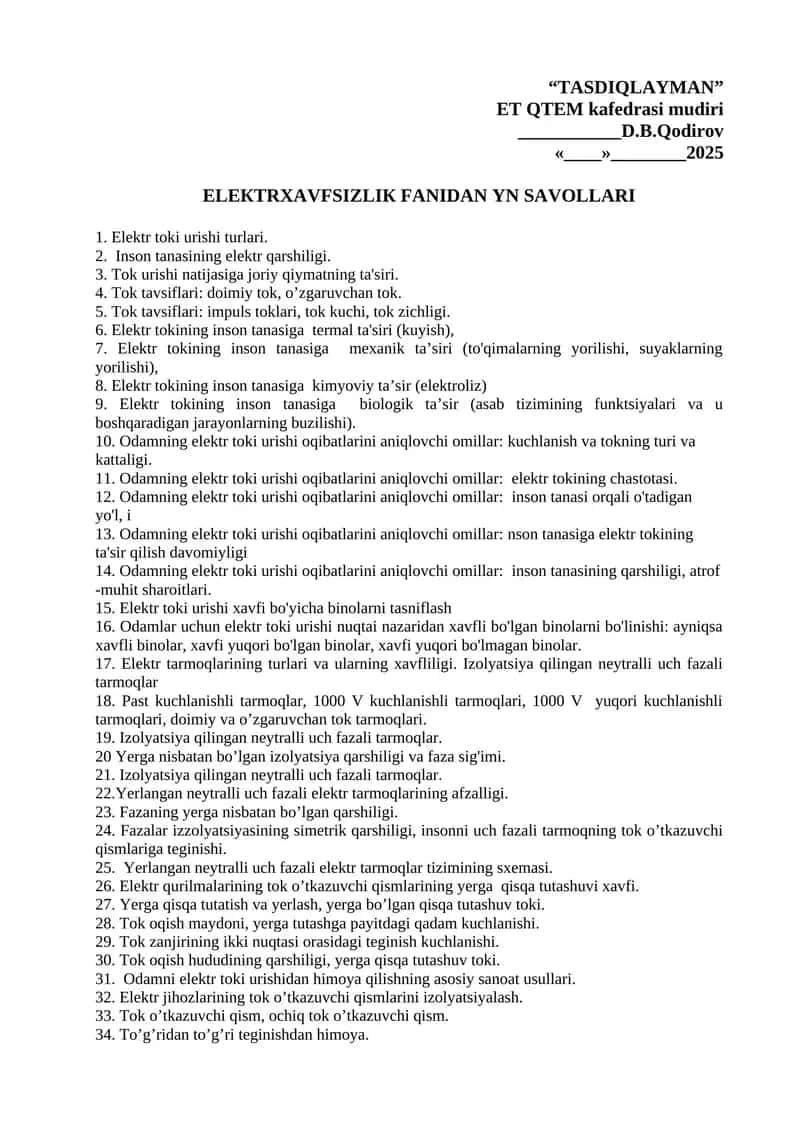 ELEКTRХA VFSIZLIК FАNIDАN YN SАVОLLАRI