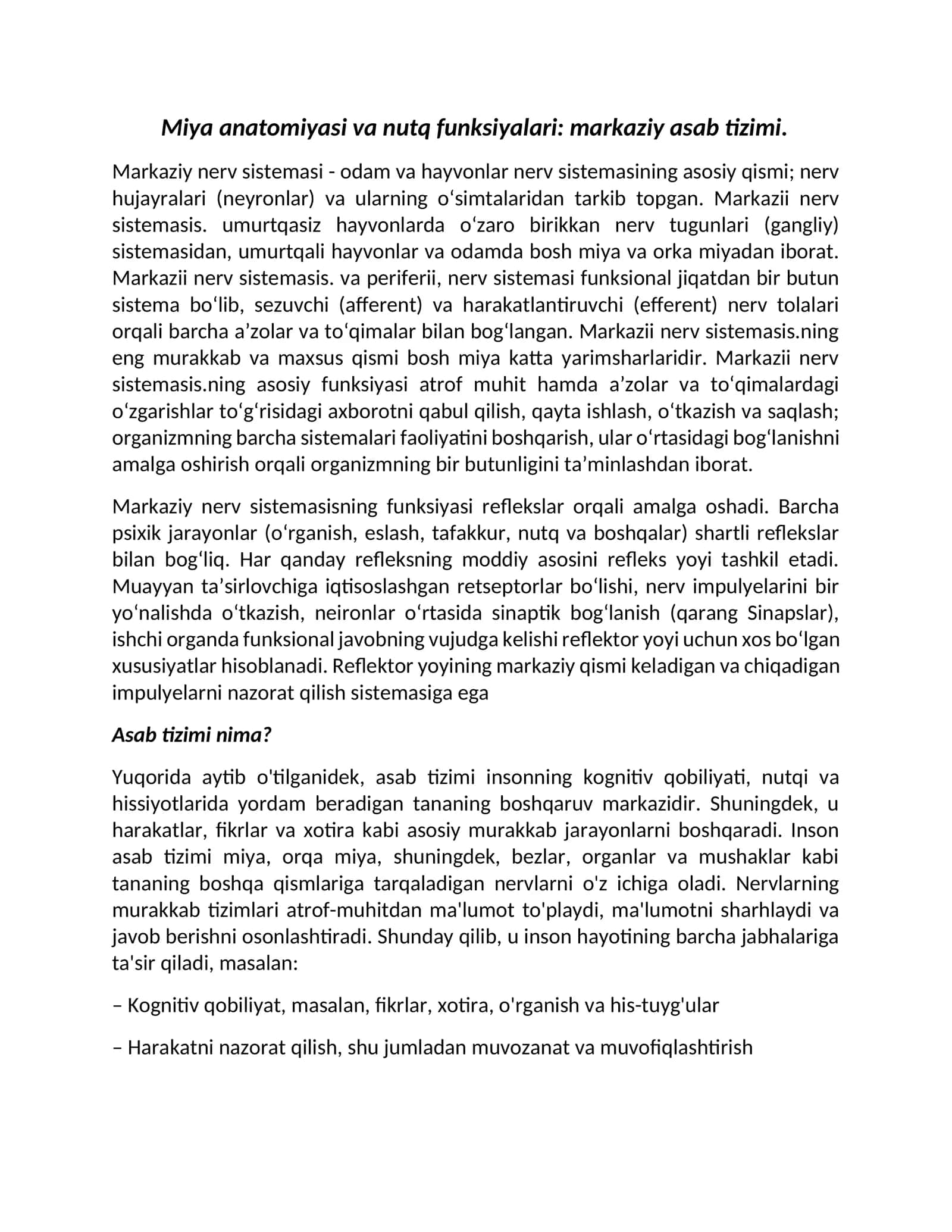 Miya anatomiyasi va nutq funksiyalari: markaziy asab tizimi