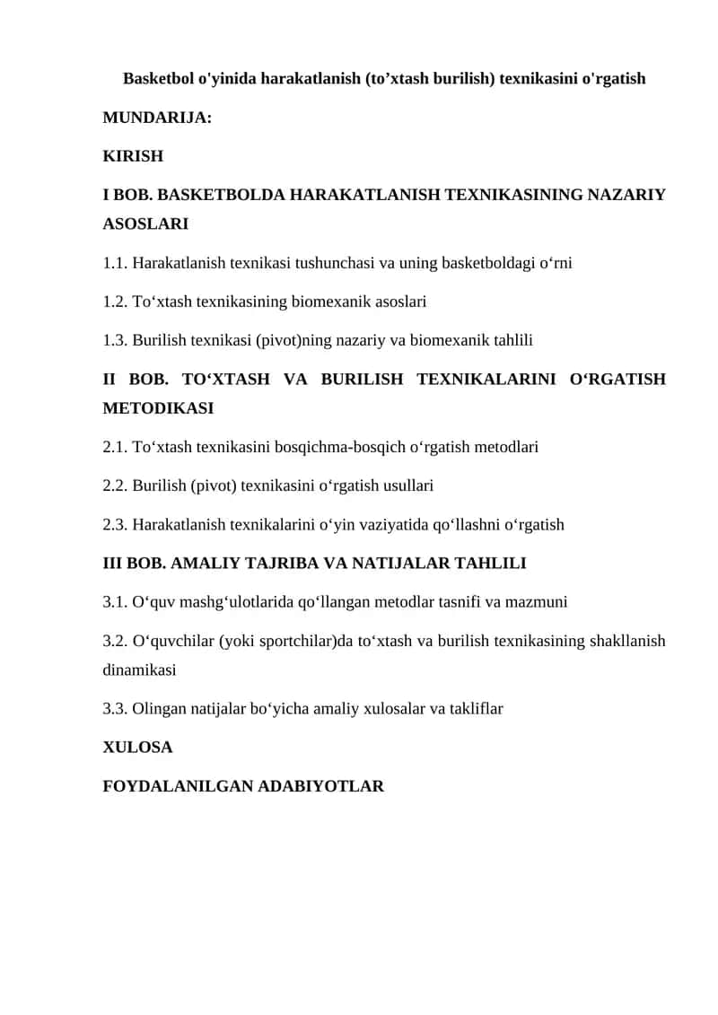 Basketbol o'yinida harakatlanish (to’xtash burilish) texnikasini o'rgatish