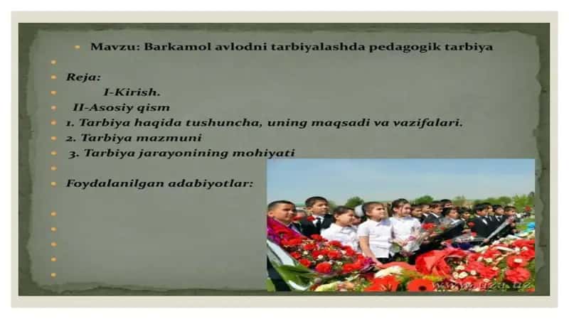Shaxsning rivojlanishi, tarbiyasi va ijtimoiylashuvi. Reja: 1.Shaxsning rivojlanishi 2.Tarbiyalash 3.Ijtimoiylashuv 4.Shaxsning rivojlanishiga ta’sir qiluvchi omillar 5.Tarbiyaning asosiy vazifasi