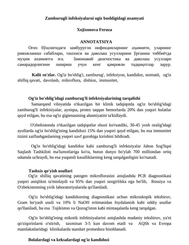Zamburugli infeksiyalarni ogiz boshligidagi axamyati