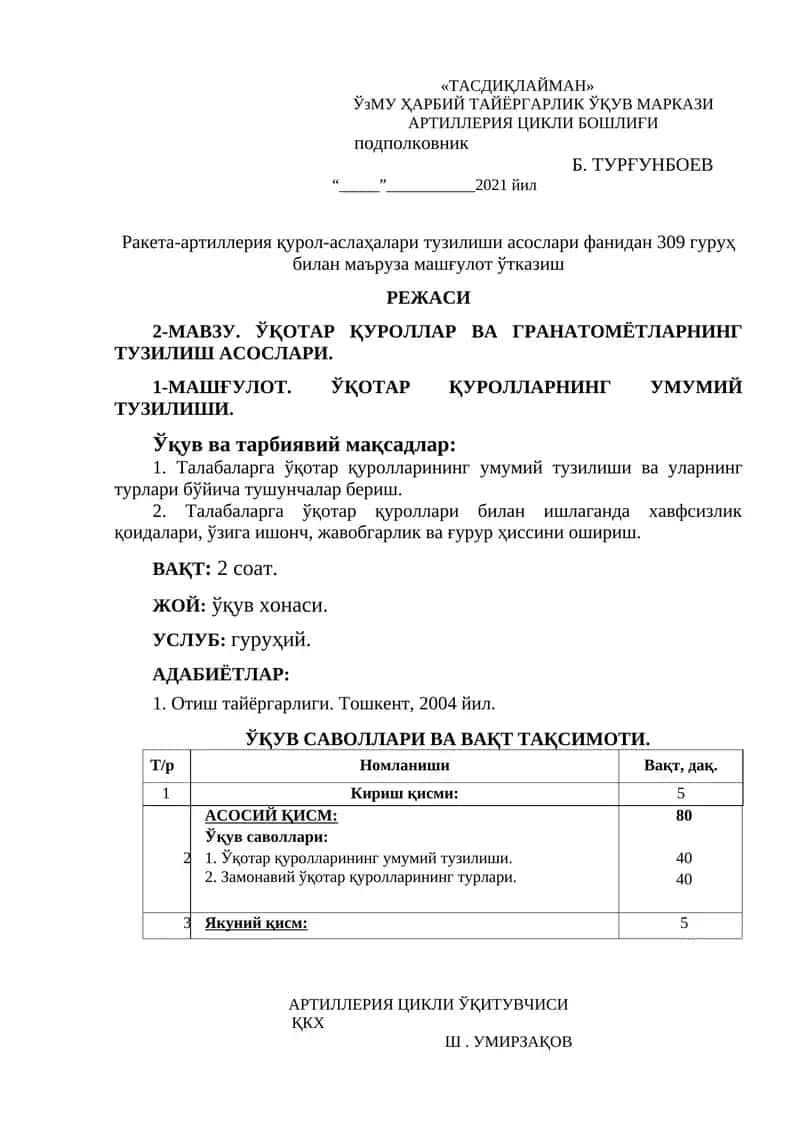 ЎҚОТАР ҚУРОЛЛАР ВА ГРАНАТОМЁТЛАРНИНГ ТУЗИЛИШ АСОСЛАРИ