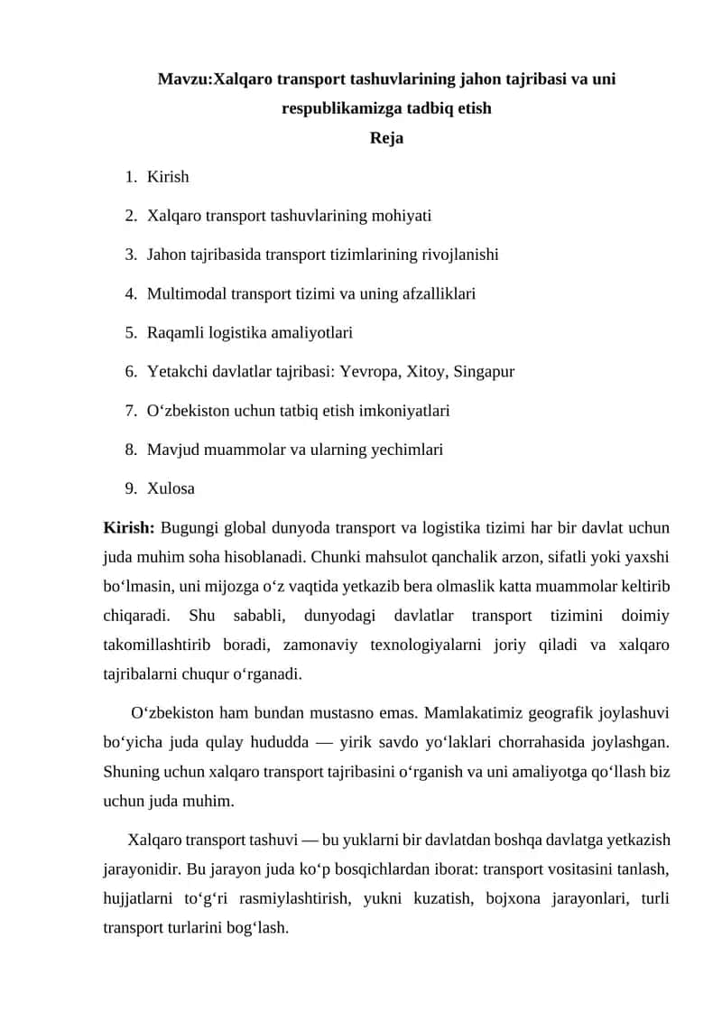Xalqaro transport tashuvlarining jahon tajribasi va uni respublikamizga tadqiq etish