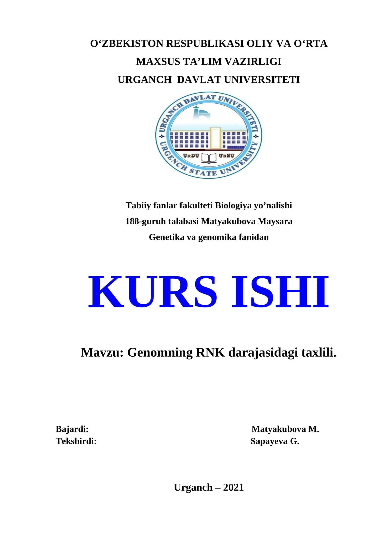 Genomning RNK darajasidagi taxlili