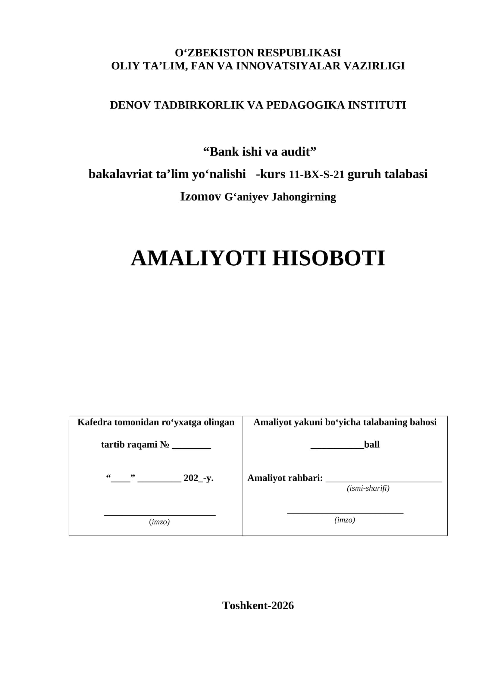 AMALIYOTI HISOBOTI. Agrobank ATB Boyovut filiali