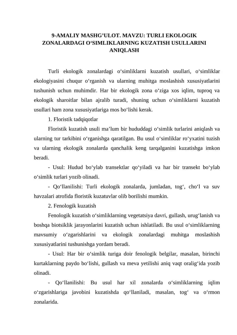 MAVZU: TURLI EKOLOGIK ZONALARDAGI O‘SIMLIKLARNING KUZATISH USULLARINI ANIQLASH