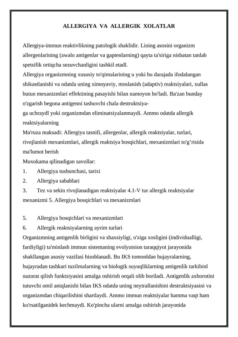 Allergiya va allergik xotlar