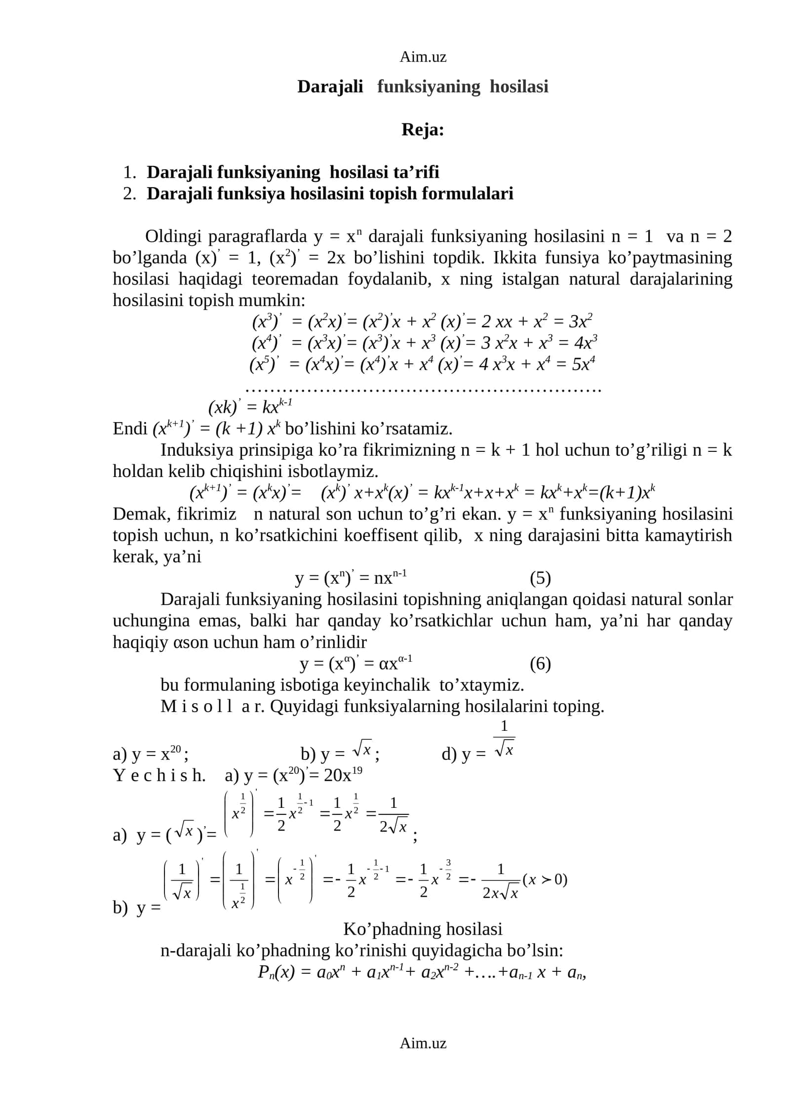 Darajali funksiyaning hosilasi