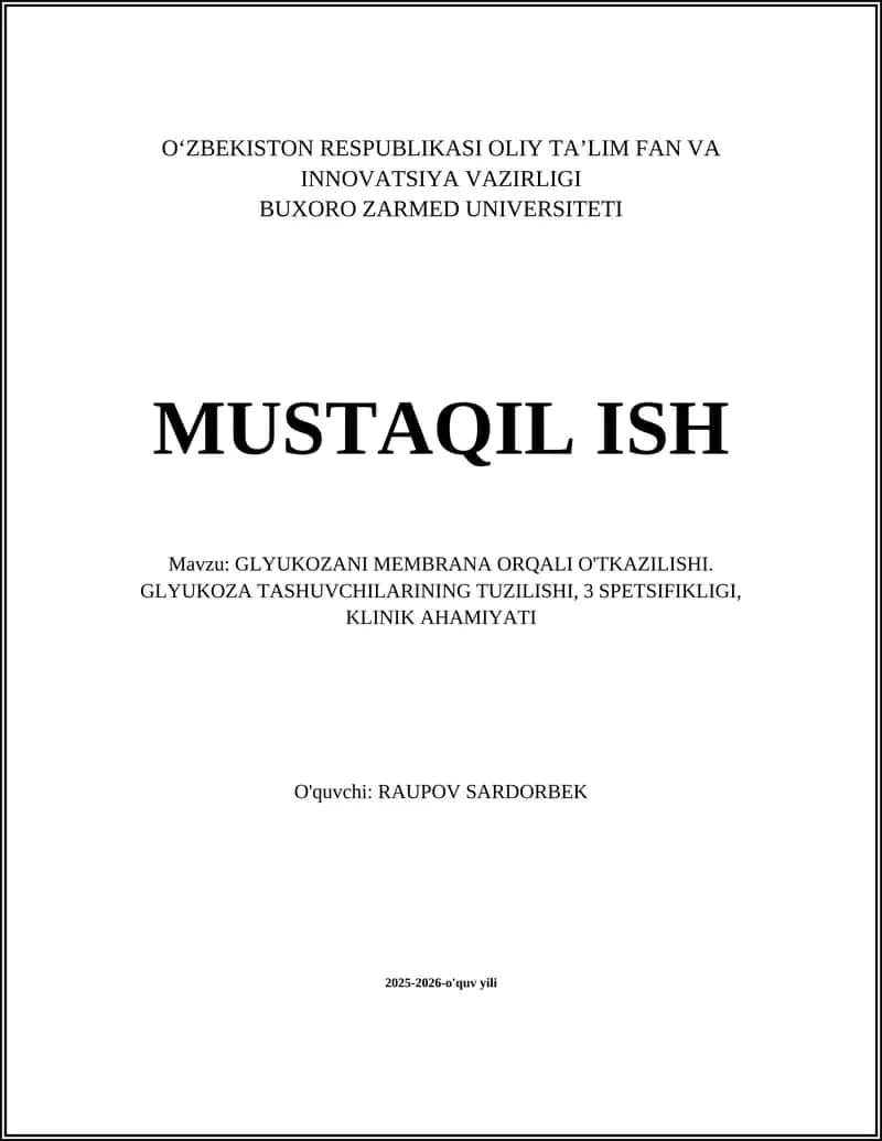 GLYUKOZANI MEMBRANA ORQALI O'TKAZILISHI