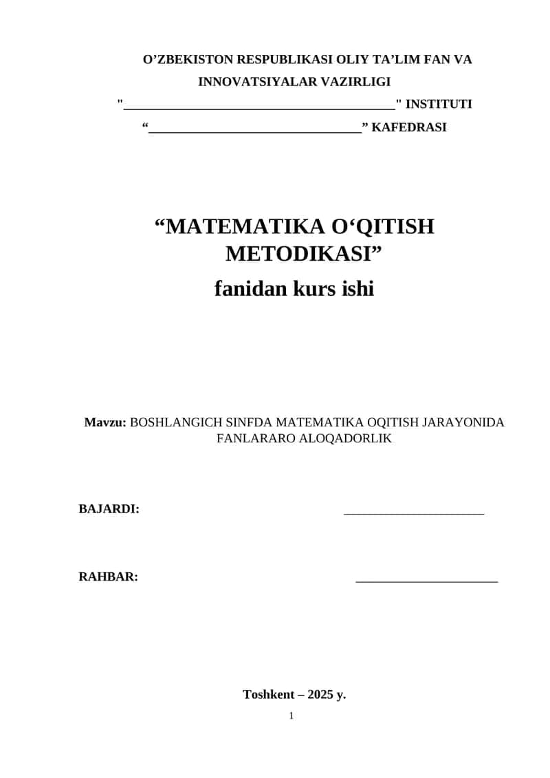 BOSHLANGICH SINFDA MATEMATIKA OQITISH JARAYONIDA