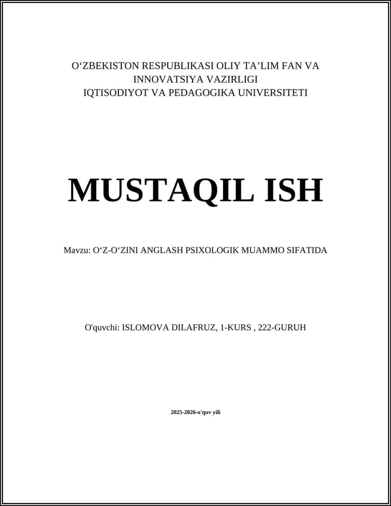 OʻZ-OʻZINI ANGLASH PSIXOLOGIK MUAMMO SIFATIDA
