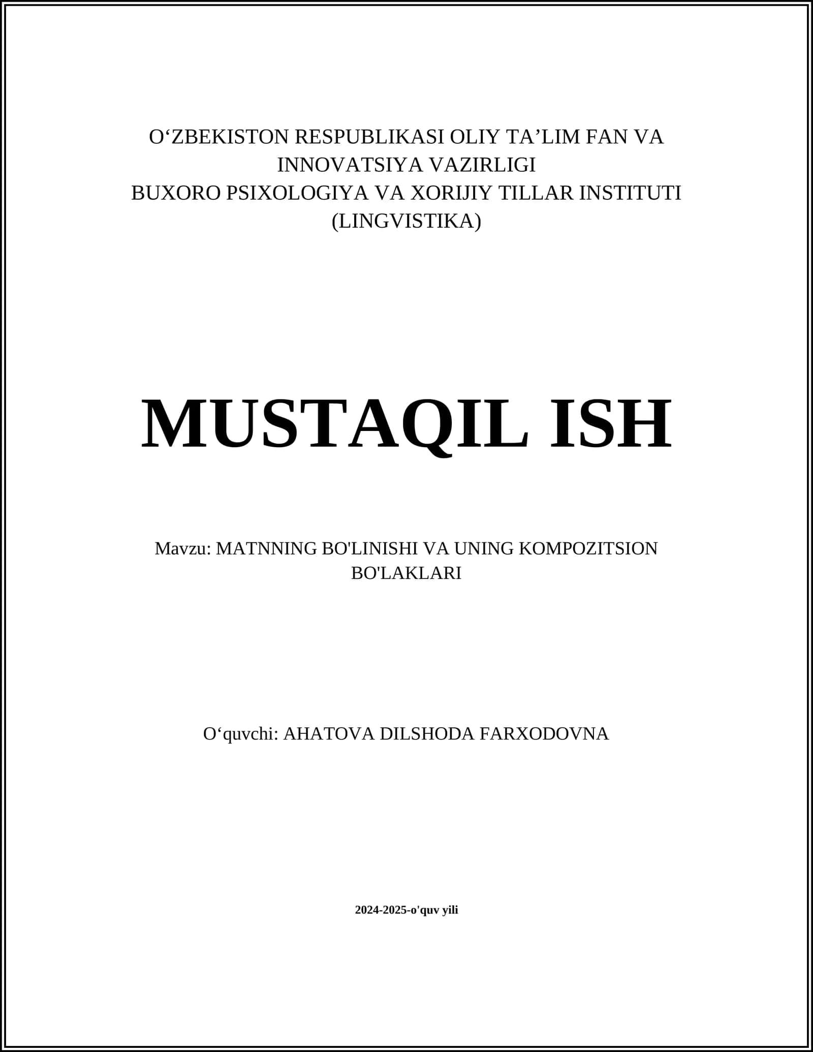 MATNNING BO'LINISHI VA UNING KOMPOZITSION BO'LAKLARI