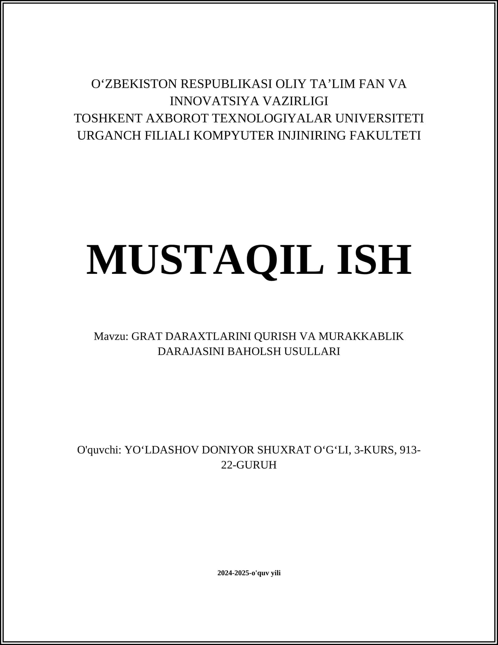 GRAT DARAXTLARINI QURISH VA MURAKKABLIK DARAJASINI BAHOLSH USULLARI