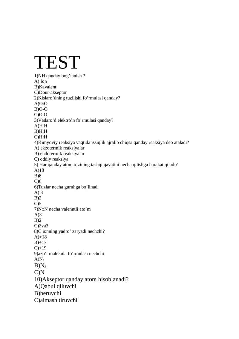 Kimyo test savollari