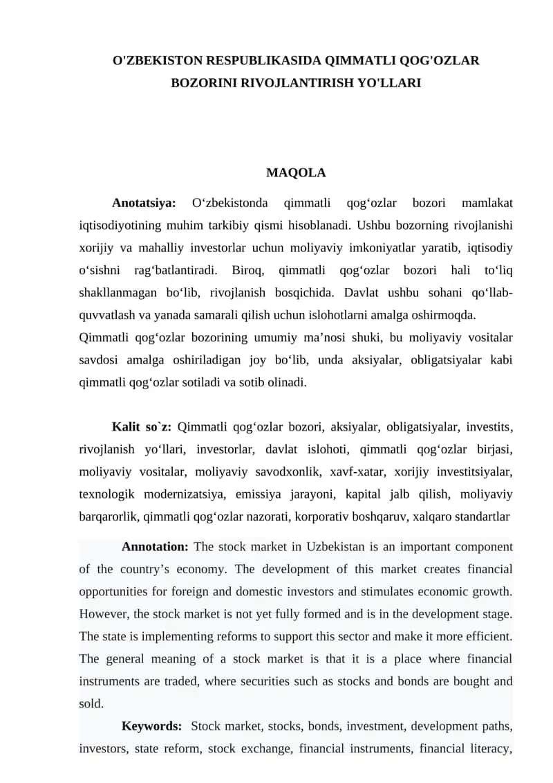 Qimmatli qog'ozlar bozorini rivojlantirish yo'llari