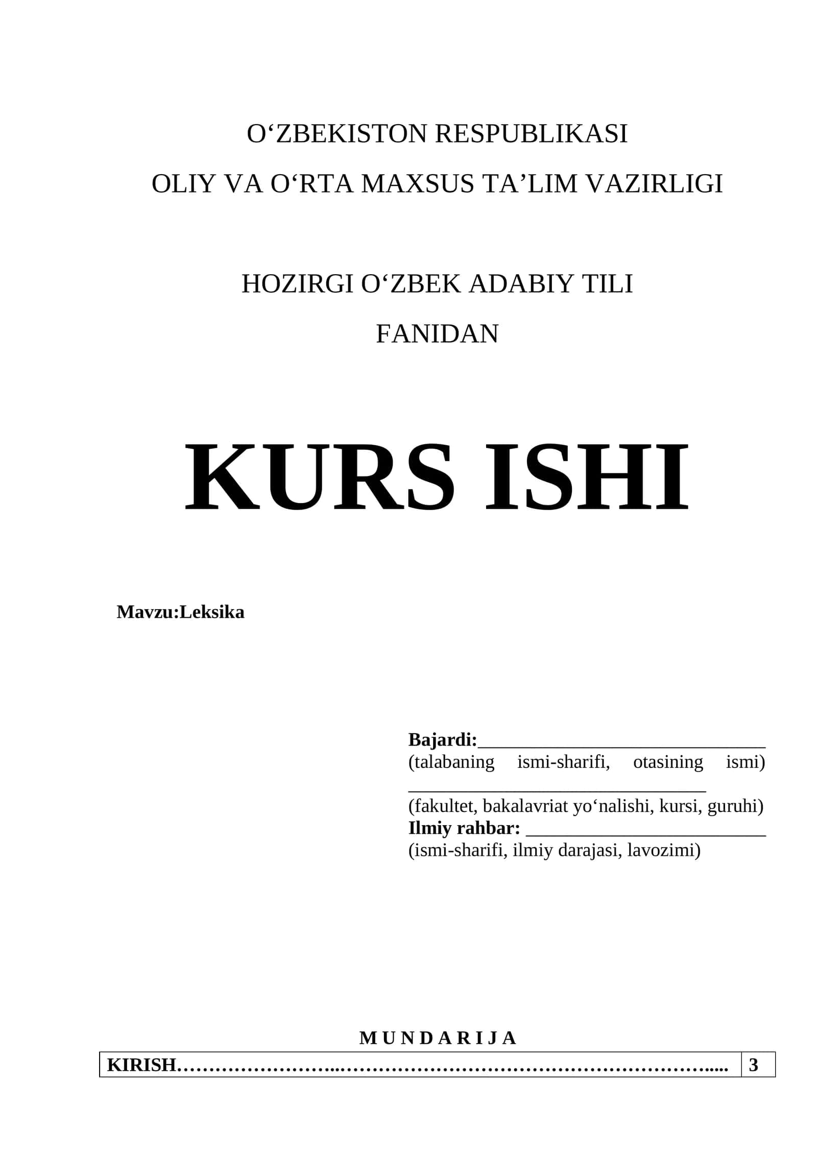 O‘zbek Adabiy Tili Fanidan Kurs Ishi