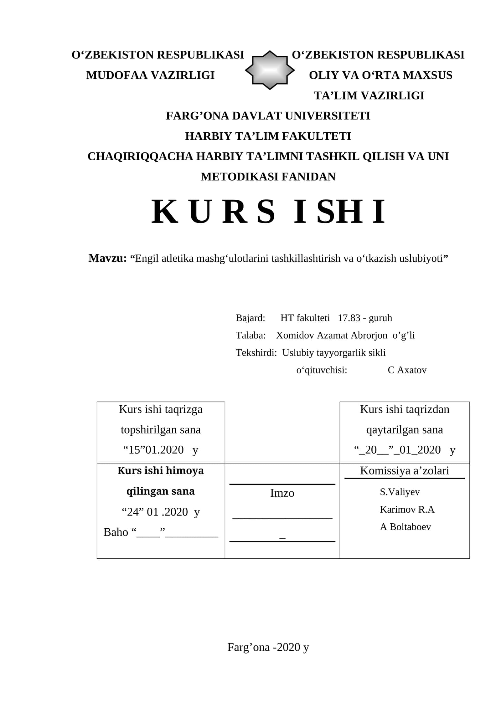 Engil atletika mashg‘ulotlarini tashkillashtirish va o‘tkazish uslubiyoti