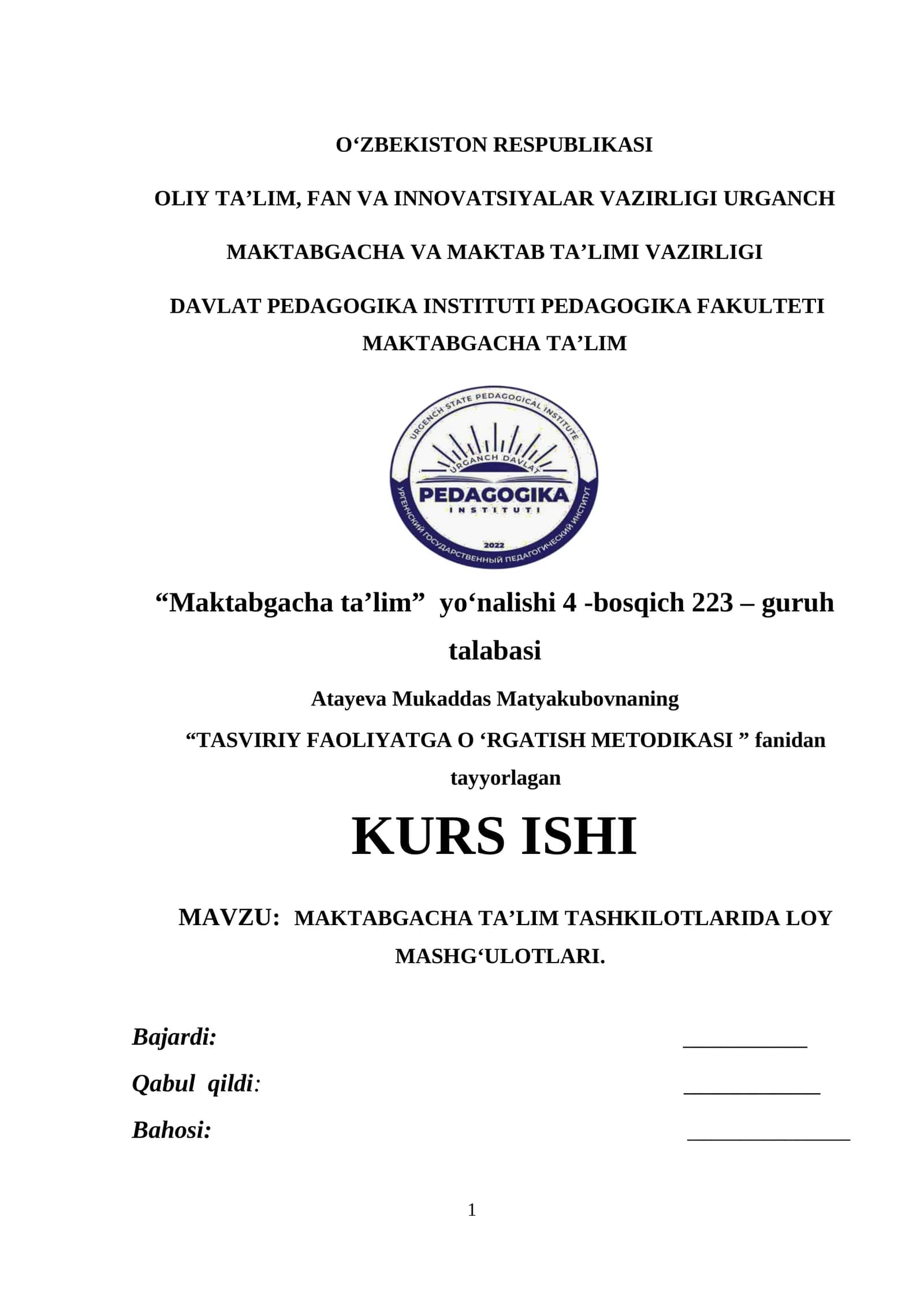 MAKTABGACHA TA’LIM TASHKILOTLARIDA LOY MASHG‘ULOTLARI.