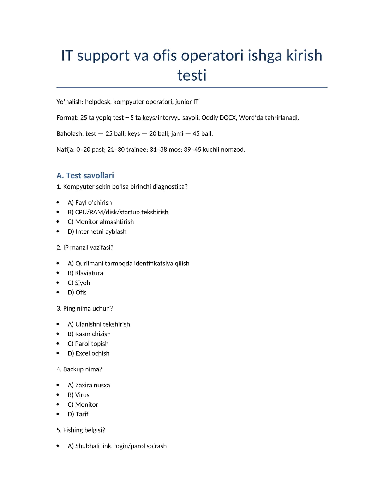 IT support va ofis operatori ishga kirish testi