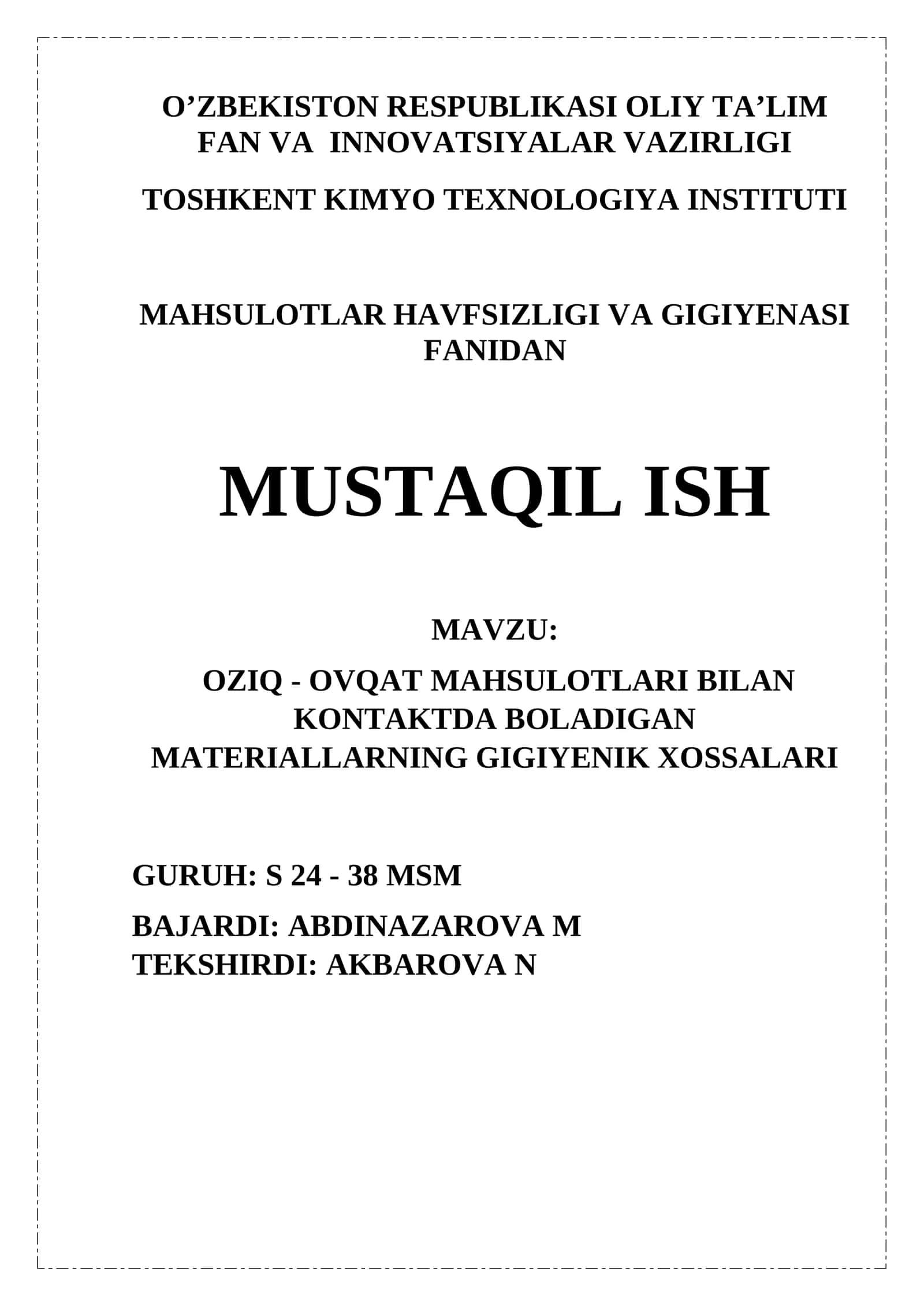 OZIQ - OVQAT MAHSULOTLARI BILAN KONTAKTDA BOLADIGAN MATERIALLAR