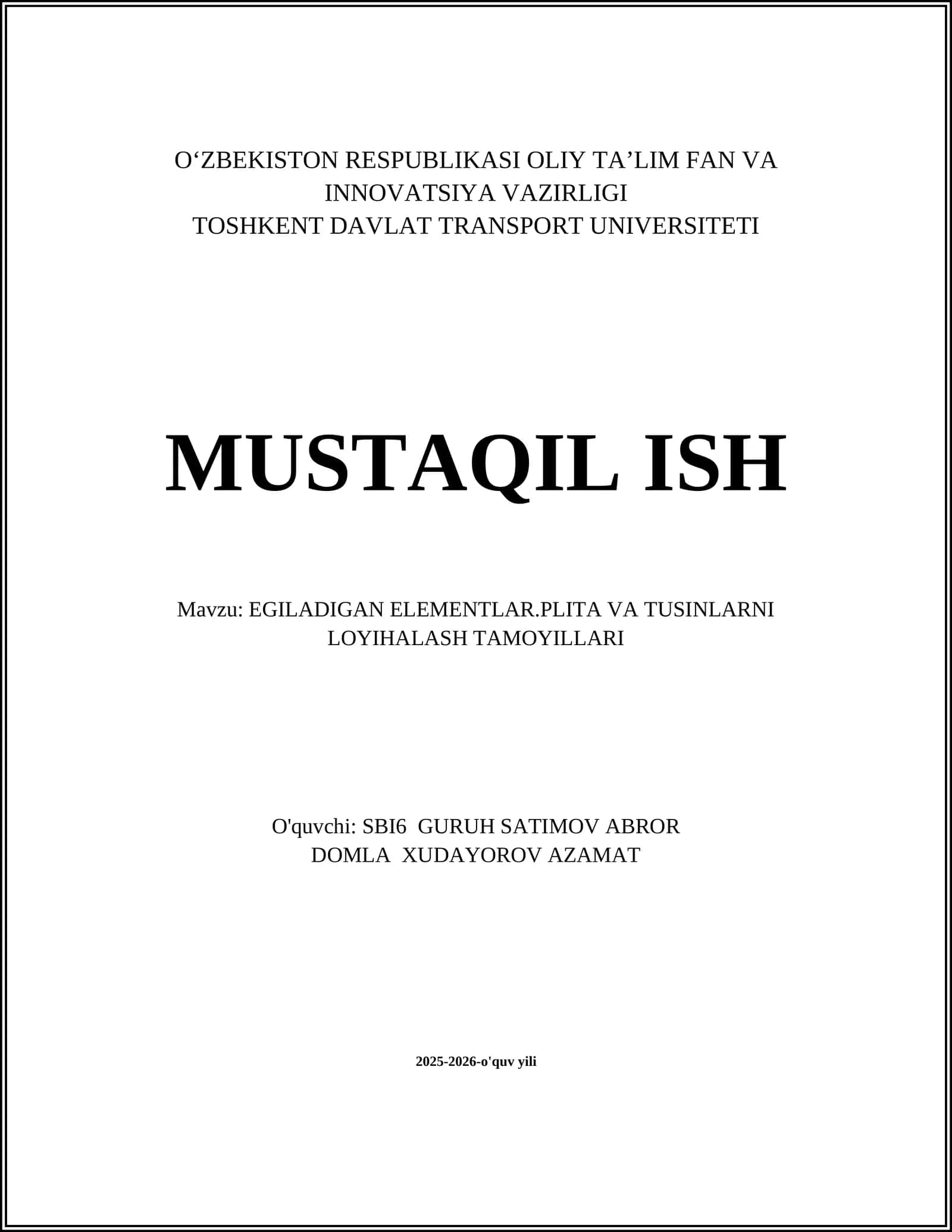 EGILADIGAN ELEMENTLAR.PLITA VA TUSINLARNI LOYIHALASH TAMOYILLARI