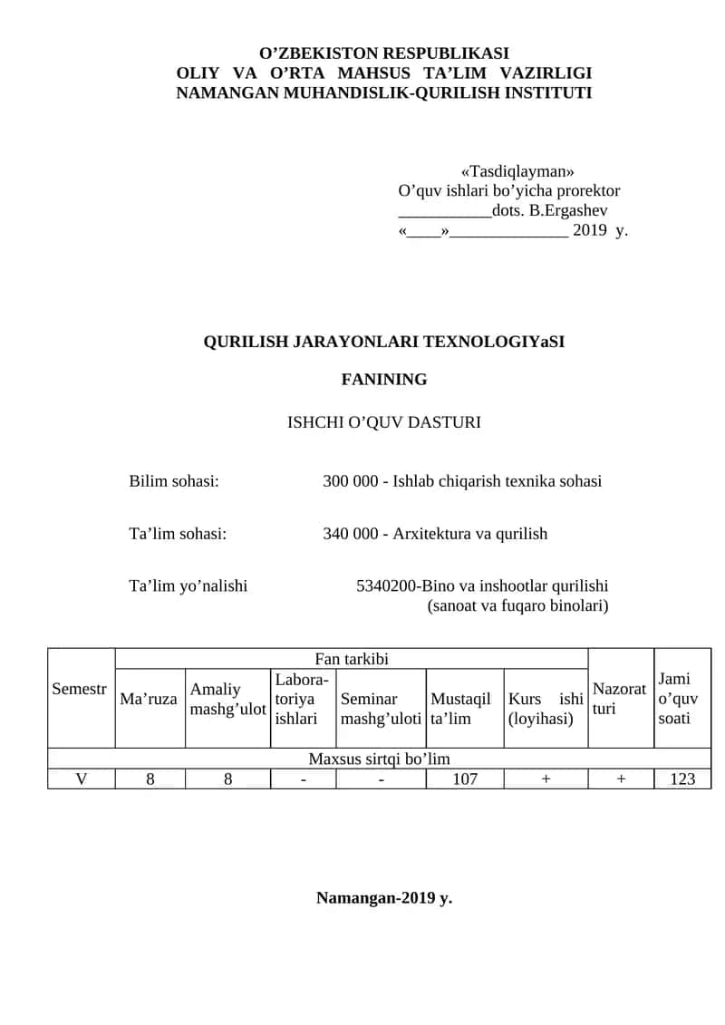 QURILISH JARAYОNLARI TEXNOLOGIYaSI ISHCHI O’QUV DASTURI