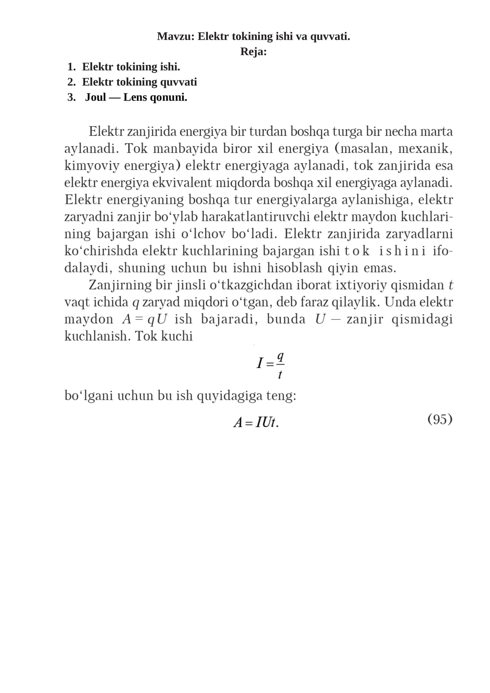 Elektr tokining ishi va quvvati