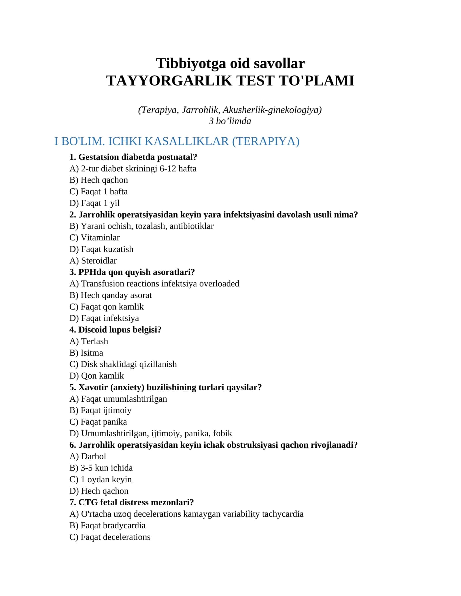 Tibbiyotga oid savollar TAYYORGARLIK TEST TO'PLAMI (Terapiya, Jarrohlik, Akusherlik-ginekologiya)