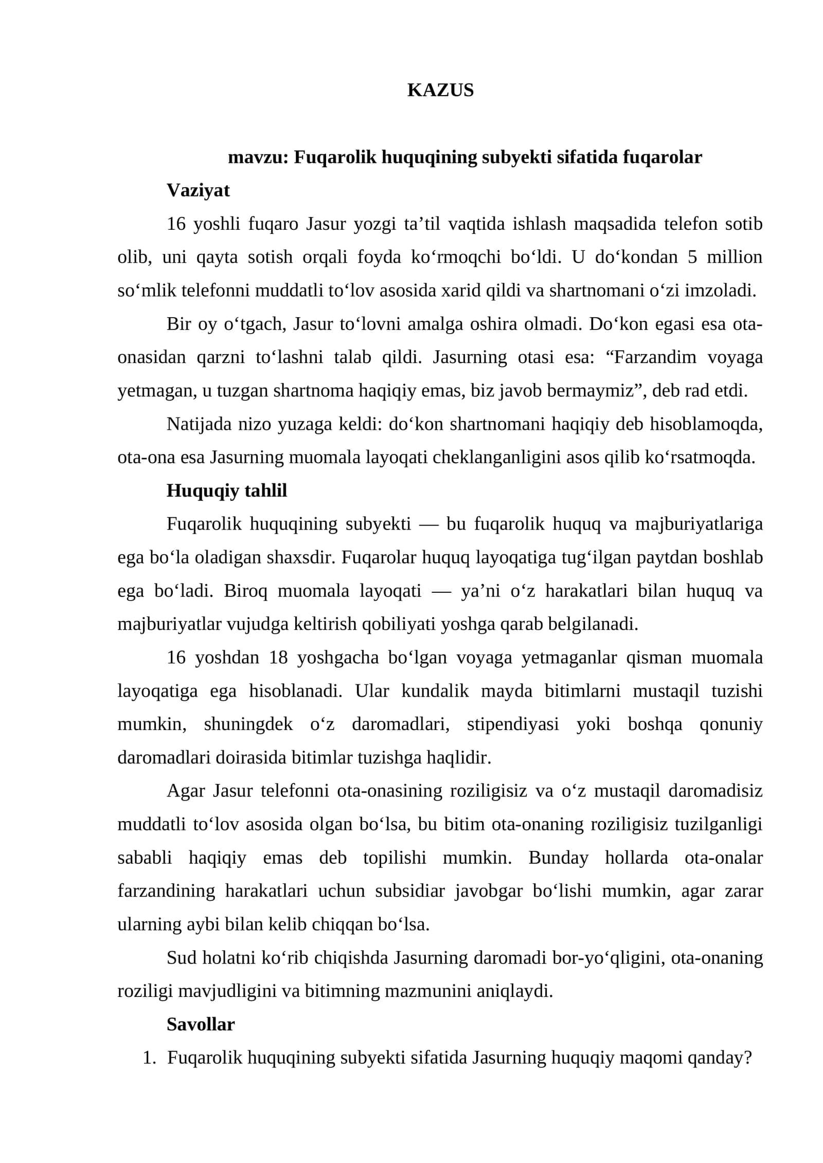 KAZUS Fuqarolik huquqining subyekti sifatida fuqarolar