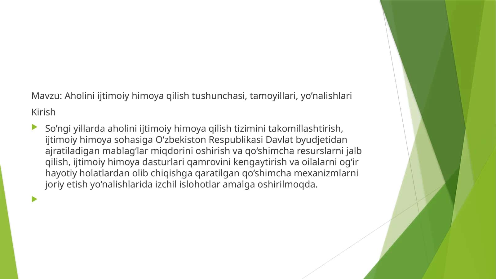 Aholini ijtimoiy himoya qilish tushunchasi, tamoyillari, yo’nalishlari