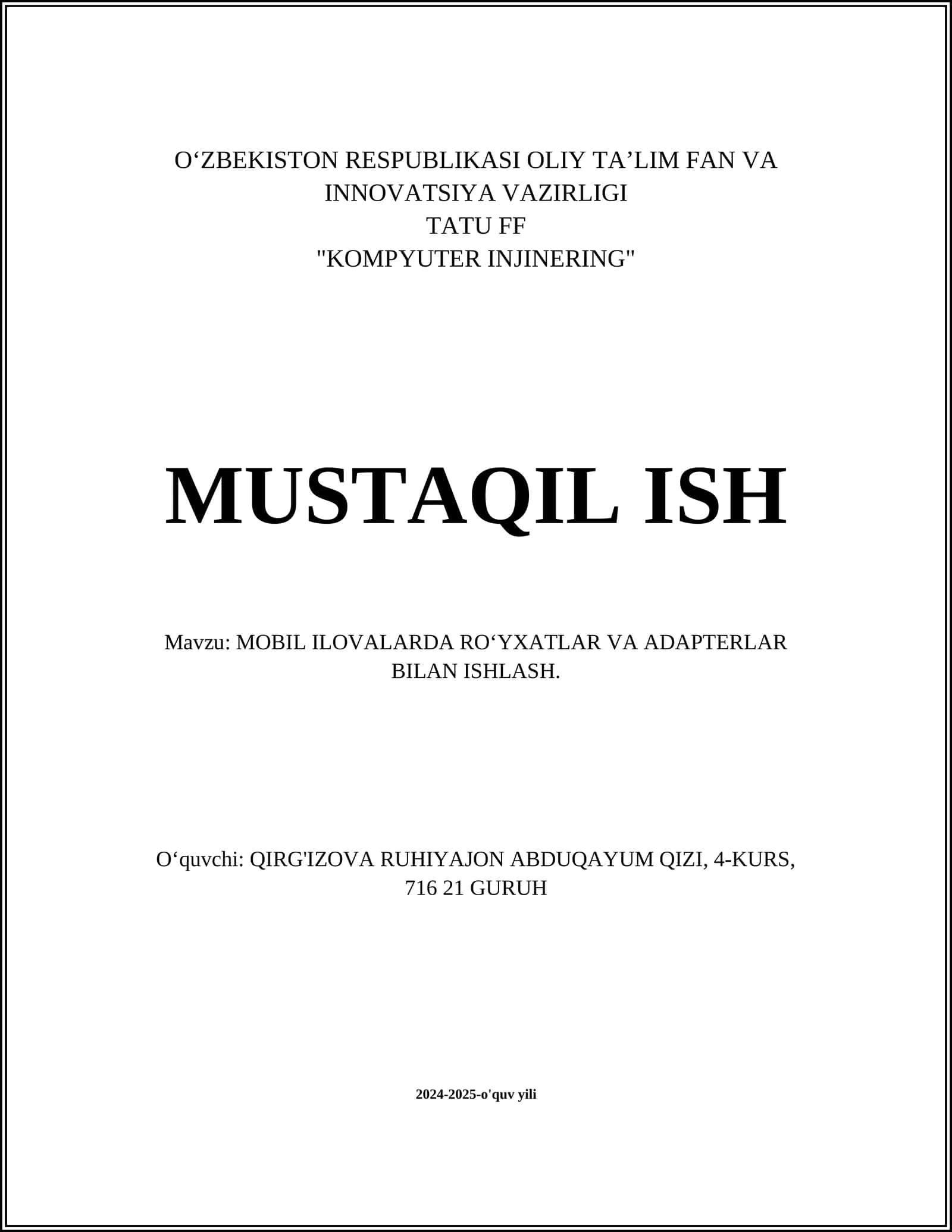 MOBIL ILOVALARDA RO‘YXATLAR VA ADAPTERLAR BILAN ISHLASH