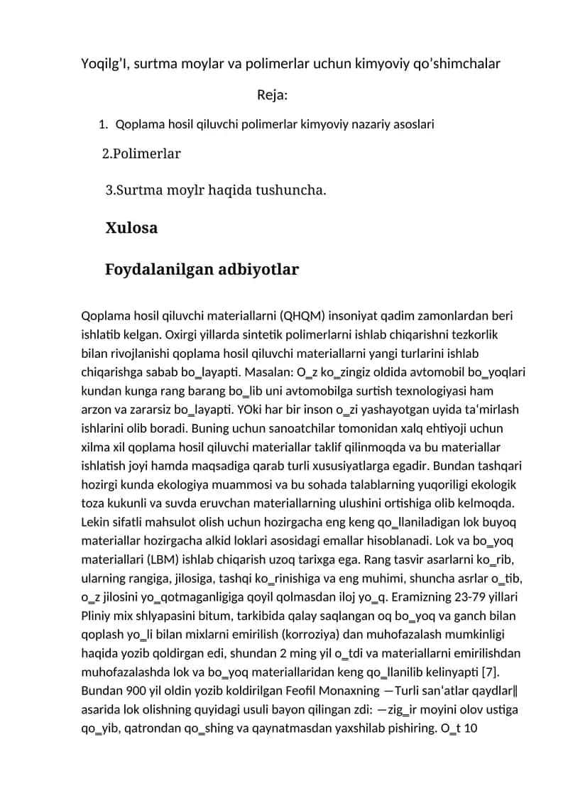 Qoplama hosil qiluvchi polimerlar kimyoviy nazariy asoslari