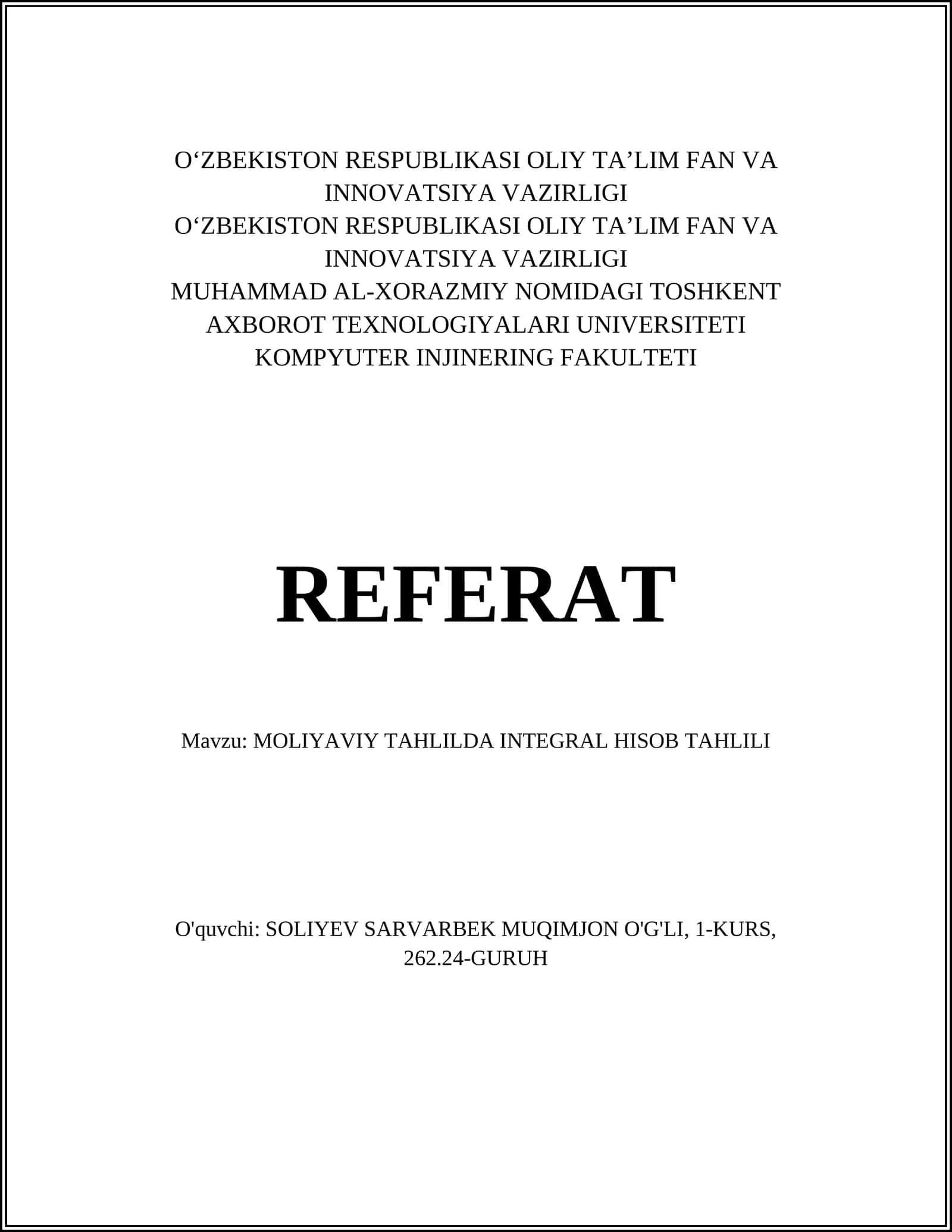 MOLIYAVIY TAHLILDA INTEGRAL HISOB TAHLILI