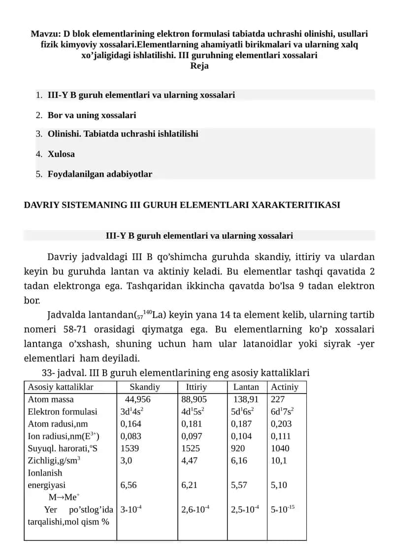 III-Y B guruh elementlari va ularning xossalari