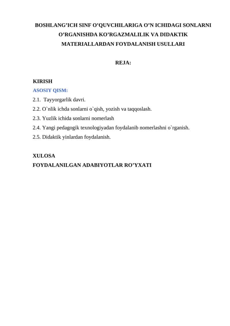 Boshlang’ich sinf o’quvchilariga o’n ichidagi sonlarni o’rganishda ko’rgazmalilik va didaktik materiallardan foydalanish usullari