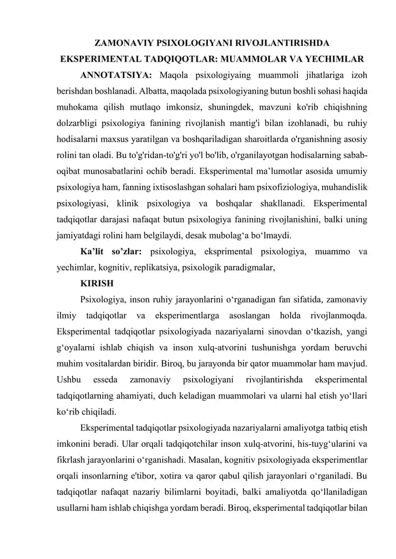 Zamonaviy Psixologiyani Rivojlantirishda Eksperimental Tadqiqotlar: Muammolar va Yechimlar