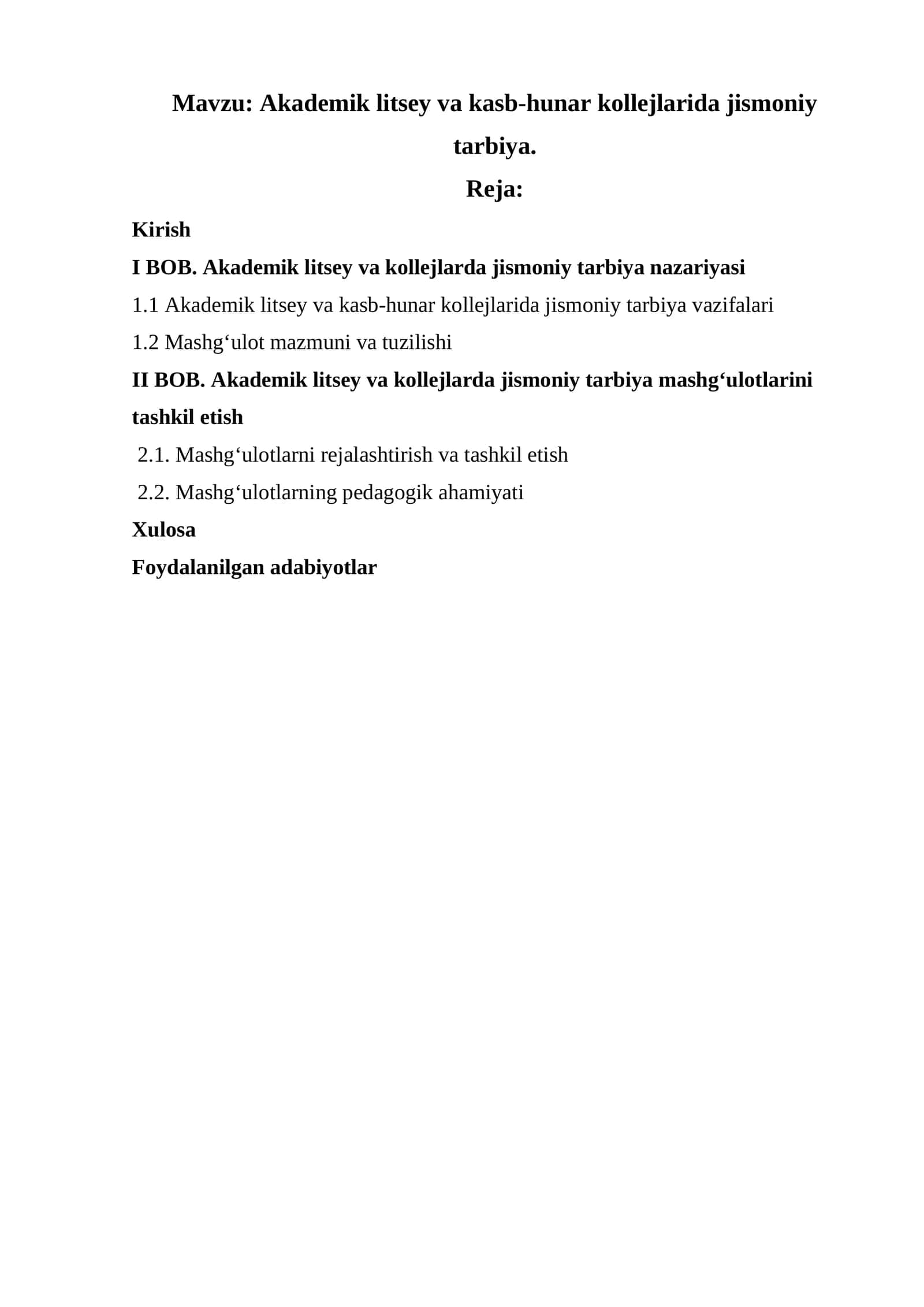 Akademik litsey va kasb-hunar kollejlarida jismoniy tarbiya