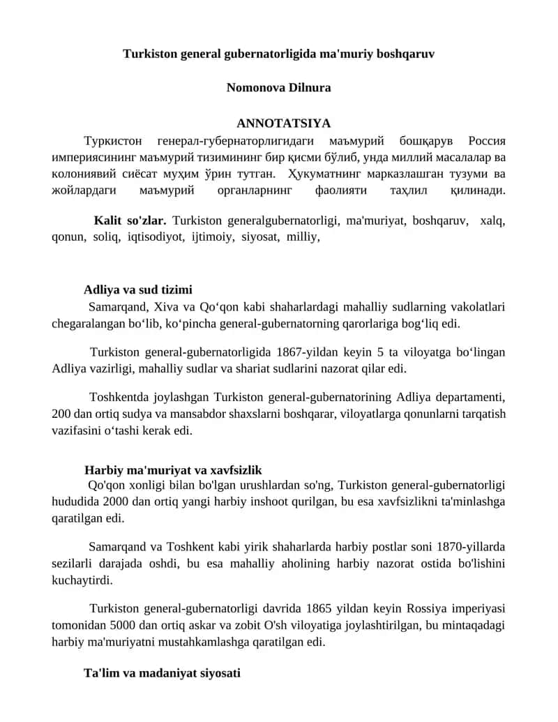 Turkiston general gubernatorligida ma'muriy boshqaruv