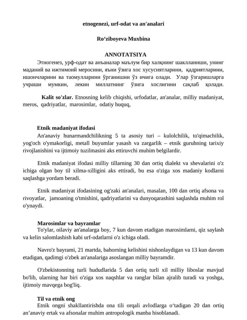 Etnogenezi, urf-odat va an'analari