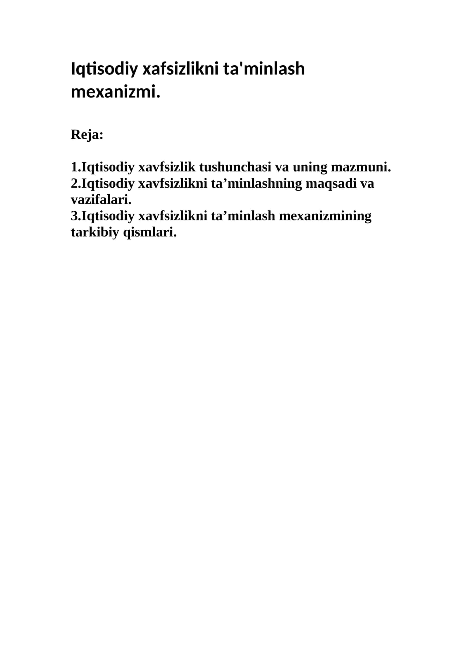 Iqtisodiy xafsizlikni ta'minlash mexanizmi