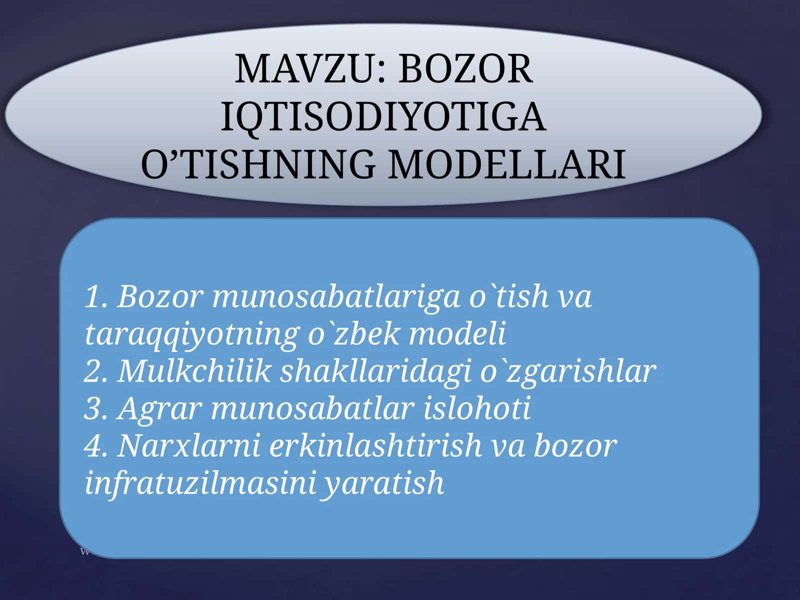 BOZOR IQTISODIYOTIGA O’TISHNING MODELLARI