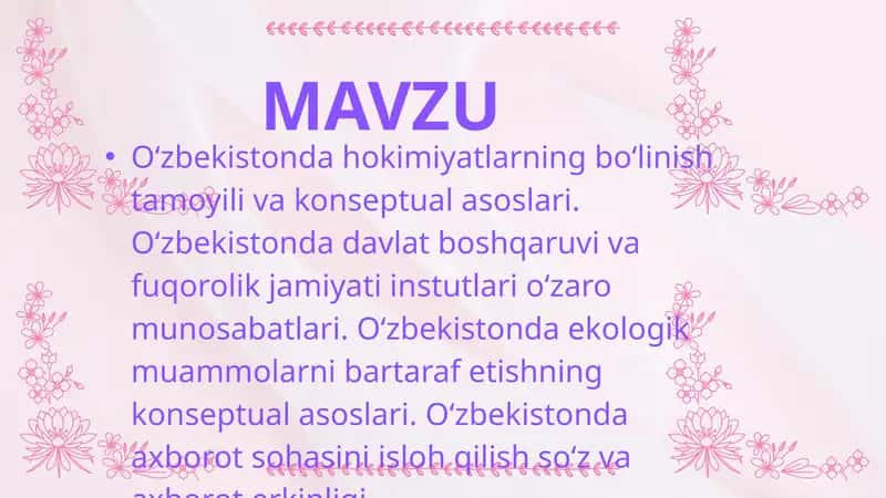 Oʻzbekistonda hokimiyatlarning boʻlinish tamoyili va konseptual asoslari. Oʻzbekistonda davlat boshqaruvi va fuqorolik jamiyati instutlari oʻzaro munosabatlari