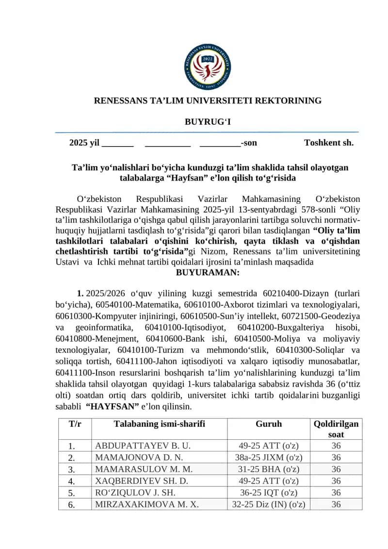 2025/2026 oʻquv yilining kurslari