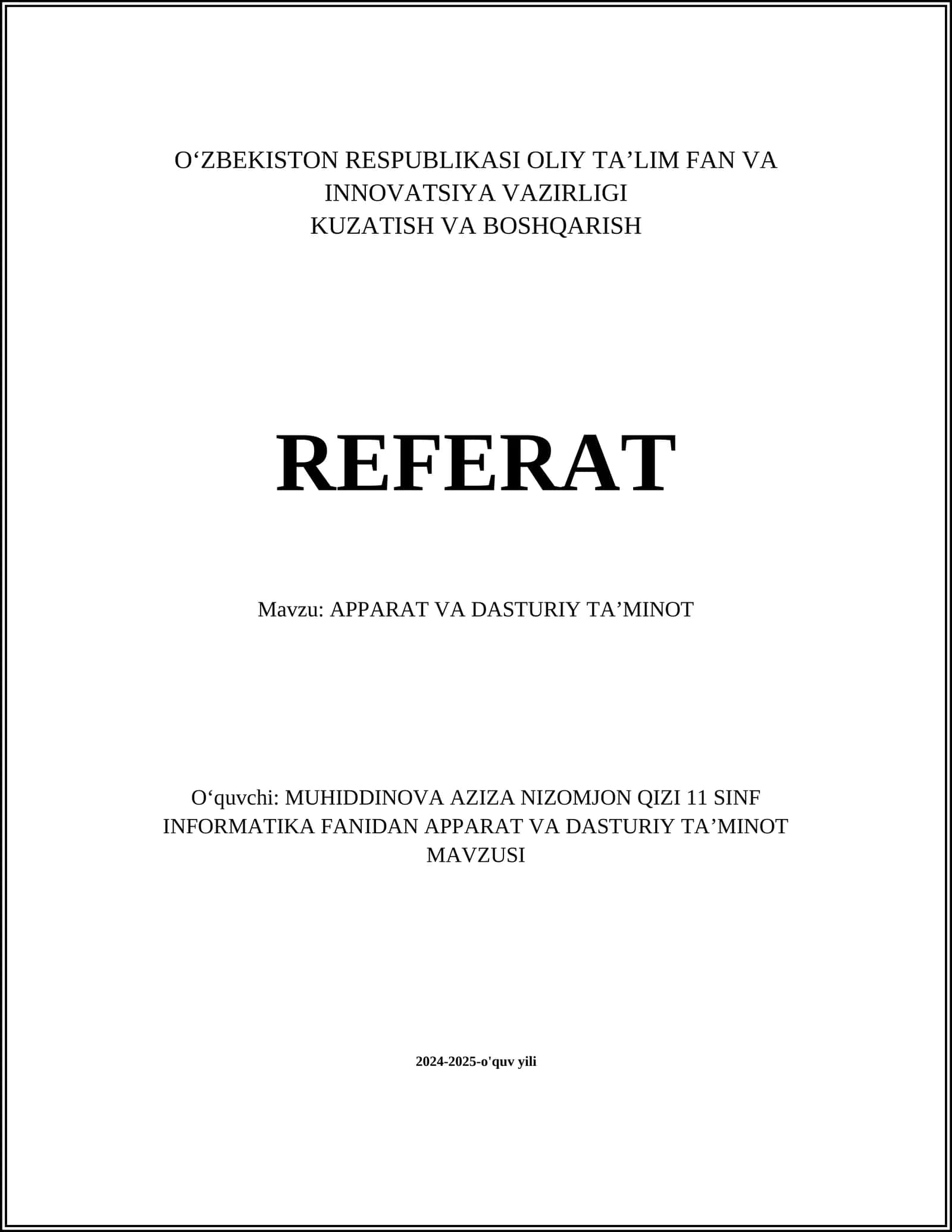 APPARAT VA DASTURIY TAʼMINOT