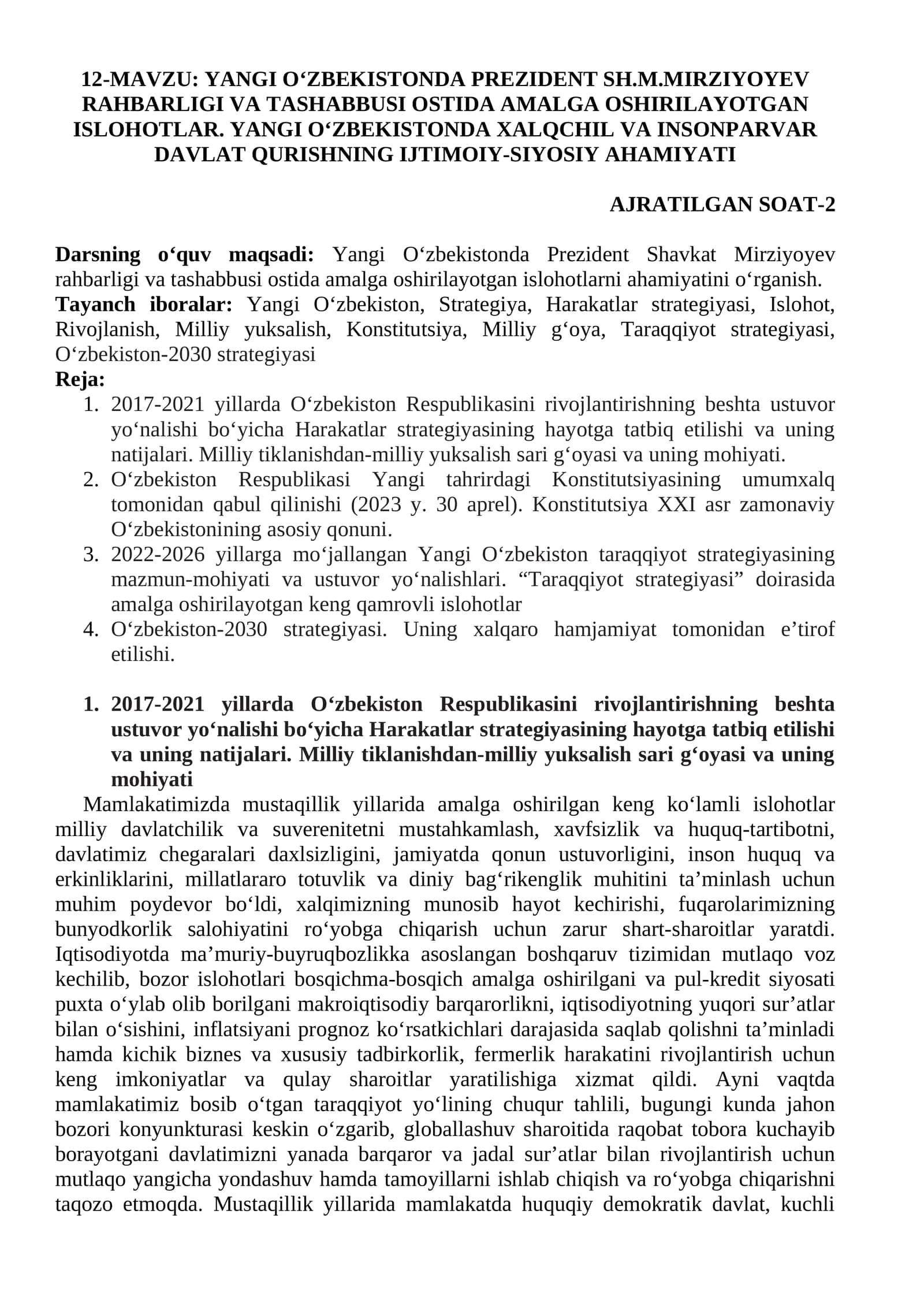 Yangi Oʻzbekistonda Prezident Sh.M.Mirziyoyev Rahbarligi va Tashabbusi Ostida Amalga Oshirilayotgan Ishlohlar