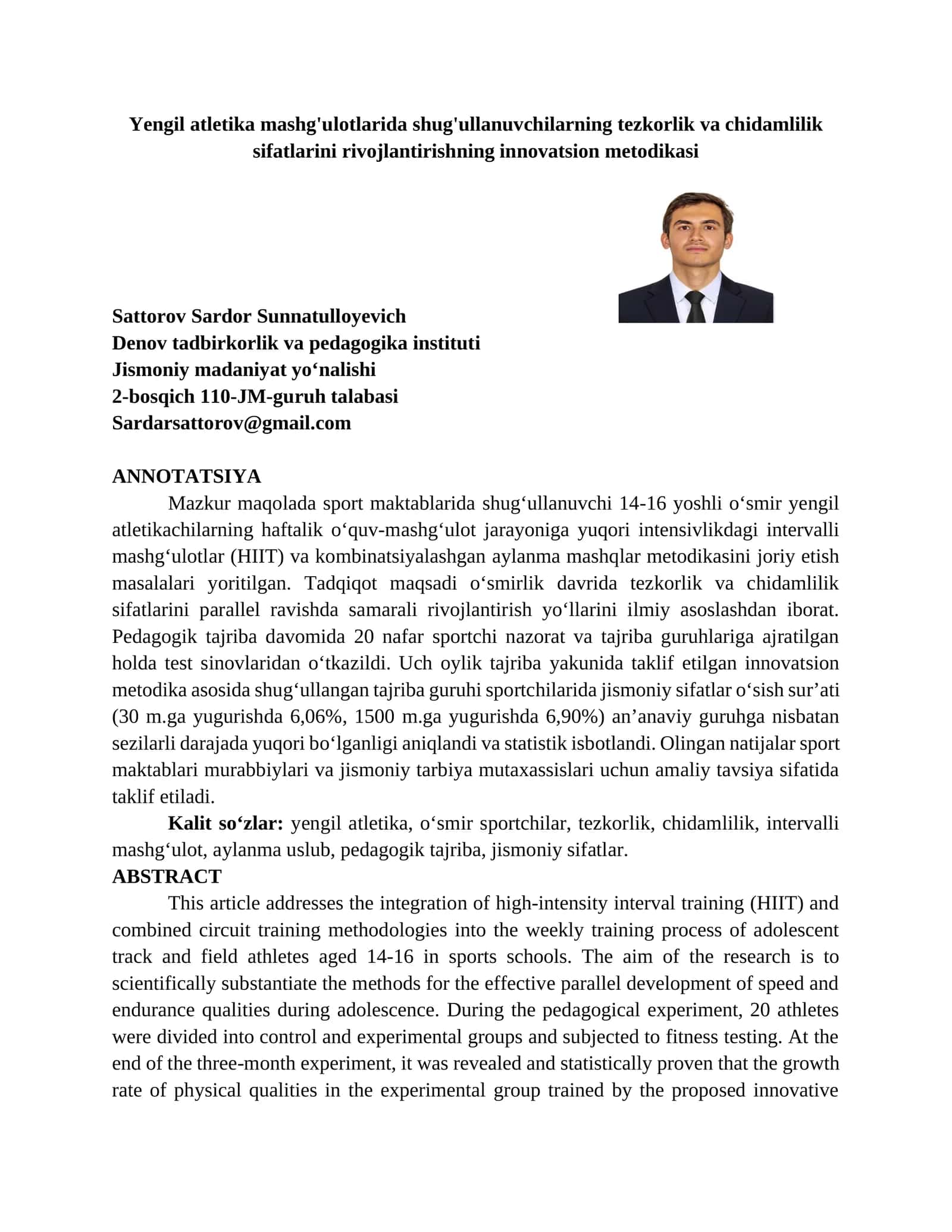 Yengil atletika mashg'ulotlarida shug'ullanuvchilarning tezkorlik va chidamlilik sifatlarini rivojlantirishning innovatsion metodikasi